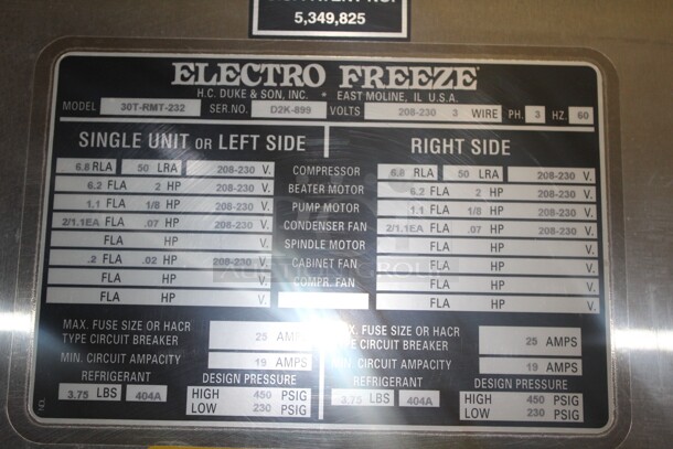 AWESOME! Electro Freeze Model 30T-RMT-232 Commercial Stainless Steel Air Cooled Two Flavor Twist Soft Serve Ice Cream/Frozen Yogurt Machine On Casters. 26x38.5x68. 208-230V/60 Hz. 3 Phase. Working When Pulled! - Image 7 of 8