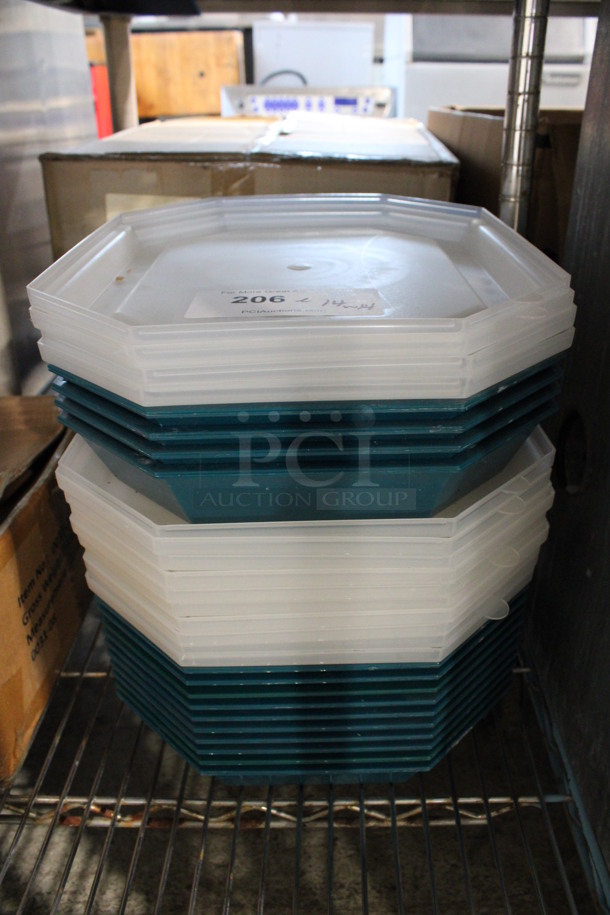 ALL ONE MONEY! Lot of 14 Teal Poly Trays and 14 Clear Poly Lids! 13.5x11x3