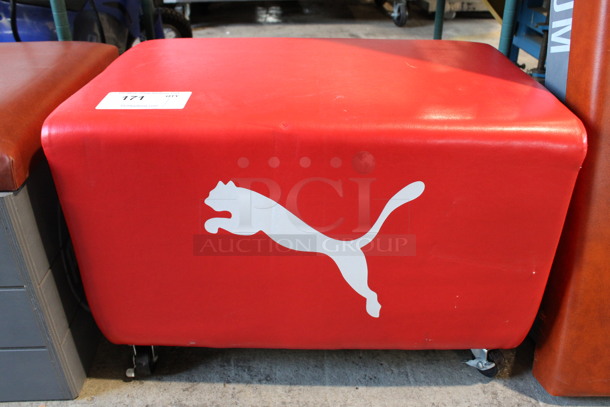Red Portable Seat w/ White Puma Logo on Commercial Casters. 24x16x16