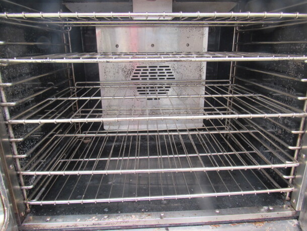 One Majestic American Range  Full Size Natural Gas Convection Oven With 4 Racks, On A SS Equipment Stand With Under Shelf, On Casters. Missing 1 Knob. 40X30X64 - Image 3 of 4