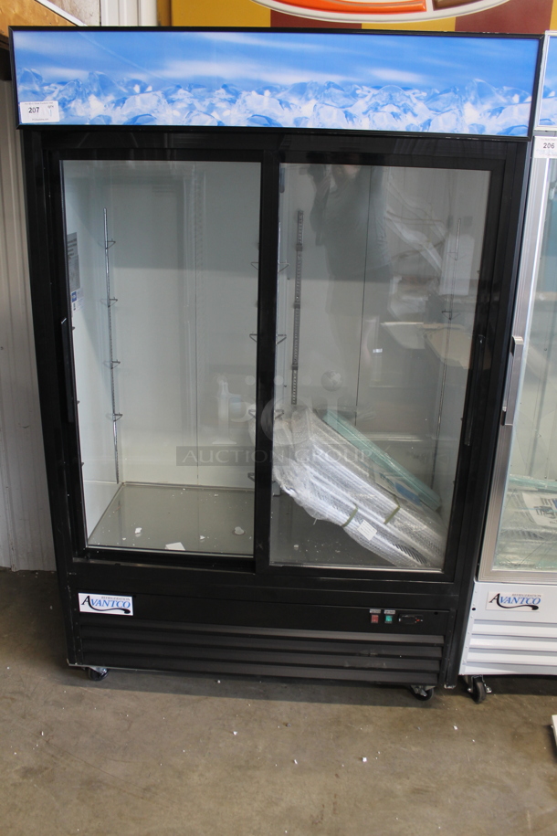 BRAND NEW SCRATCH AND DENT! 2023 Avantco 178GDS47HCB Metal Commercial 2 Door Reach In Cooler Merchandiser w/ Poly Coated Racks on Commercial Casters. 115 Volts, 1 Phase. Tested and Working! - Image 2 of 7