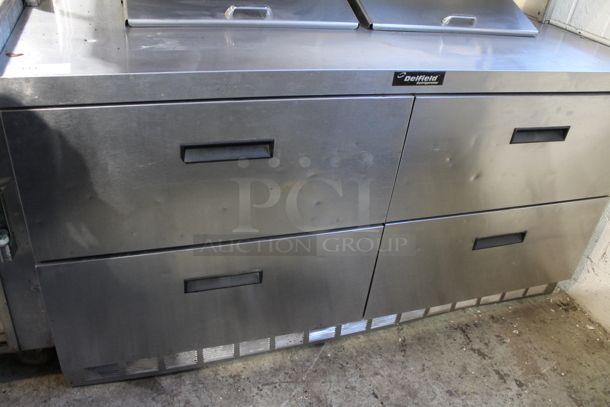 Delfield UCD4464N-12-DD5 Stainless Steel Commercial Sandwich Salad Prep Table Bain Marie Mega Top w/ 4 Drawers and 2 Tier Over Shelf. 115 Volts, 1 Phase. Tested and Working! - Image 3 of 8