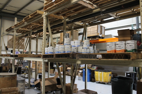 ALL ONE MONEY! FIVE PALLET LOT of Various Items Including Proflex Part A and B Flexible Epoxy, Liquid Rubber and Label Roll. BUYER MUST REMOVE.