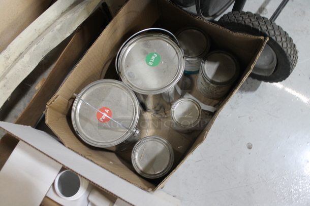 ALL ONE MONEY! Lot of Black Metal Pallet Strap Reel, Blue Barrel and Boxes w/ Tins.  - Image 6 of 8