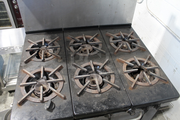 Southbend 300F Stainless Steel Commercial Natural Gas Powered 6 Burner Range w/ Oven, Over Shelf and Back Splash. - Image 2 of 7