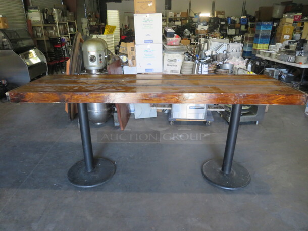 One Solid Wooden Table Top On Dual Bar Height Pedestal Bases. 86X35X42
