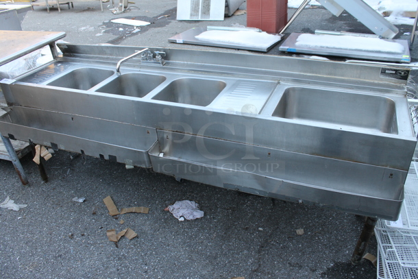 Stainless Steel 3 Bay Bar Sink w/ Dual Drain Boards, Right Side Ice Bin, 2 Speedwells, Faucet and Handles. Bays 12x14x9.5 - Image 1 of 7