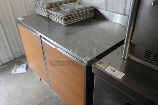 Duke SUBP-48 M Stainless Steel Commercial Counter w/ 2 Wood Pattern Doors and Back Splash.  - Image 3 of 4