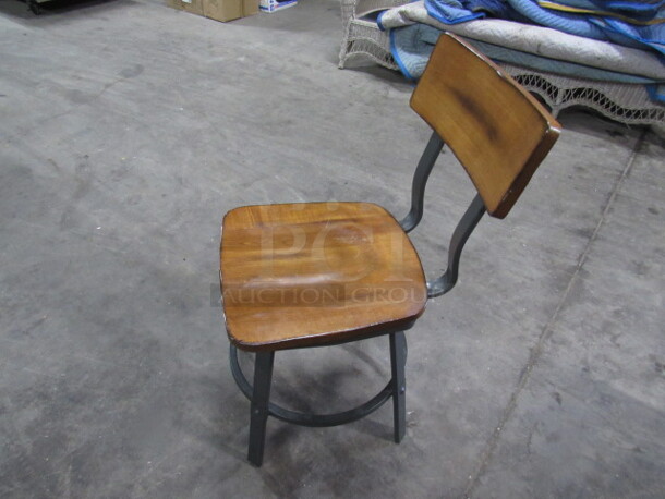 One Industrial Look Metal Framed Chair With Wooden Seat And Back With Metal Footrest.  - Image 3 of 4