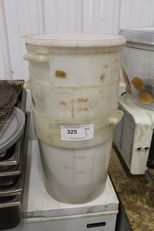 ALL ONE MONEY! Lot of 3 White Poly 22 Quart Containers w/ 2 Lids. - Image 1 of 3