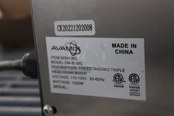 BRAND NEW SCRATCH AND DENT! AvaMix DM-B-30C Stainless Steel Commercial Countertop 3 Head Drink Mixer. Needs To Be Assembled. 110-120 Volts, 1 Phase. Tested and Working! - Image 4 of 4