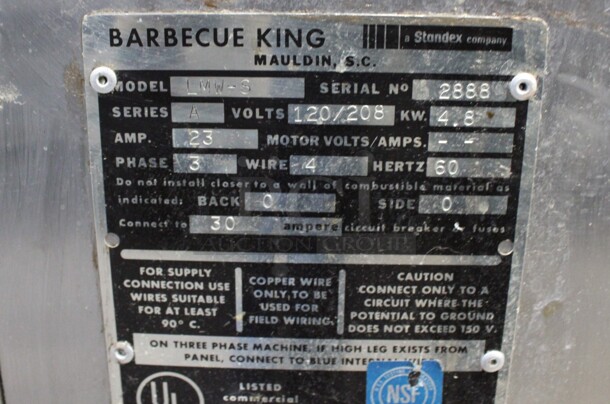 BK Industries Model LMW-3 Stainless Steel Commercial Electric Powered Barbecue King Rotisserie Oven and Warmer. 120/208 Volts, 3 Phase. 33x26x60 - Image 4 of 7