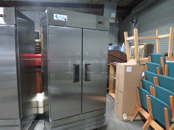 One WORKING Avantco 2 Door Reach In Freezer With 6 Racks, On Casters. 115 Volt. Model# 178A35FHC. 40X30X83