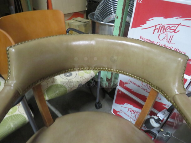 One Wooden Office Chair With Leather Look Cushioned Seat And Back, With Nail Head Trim On Casters. NICE CHAIR!!!! - Image 2 of 2