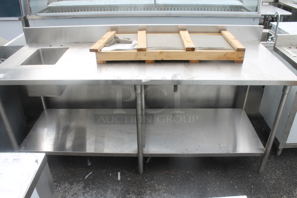 BRAND NEW SCRATCH AND DENT! Stainless Steel Commercial Tablet w/ Sink Basin, Back Splash and Under Shelf. Does Not Include Contents. Bay 11x15x11 - Image 1 of 4