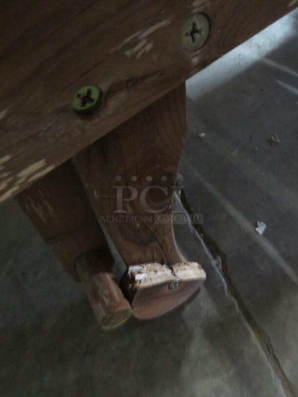 One Adjustable Wooden Chaise Lounger With 2 Wheels, And A Pullout Shelf. Needs A Lil Adjusting. 72X23 - Image 2 of 3