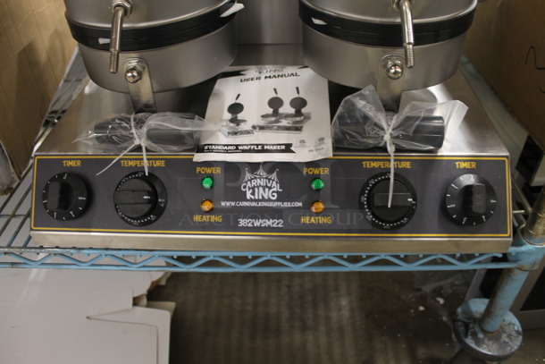 BRAND NEW SCRATCH AND DENT! 2023 Carnival King 382WSM22 Stainless Steel Commercial Countertop Double Waffle Maker. 120 Volts, 1 Phase. Tested and Working! - Image 2 of 5