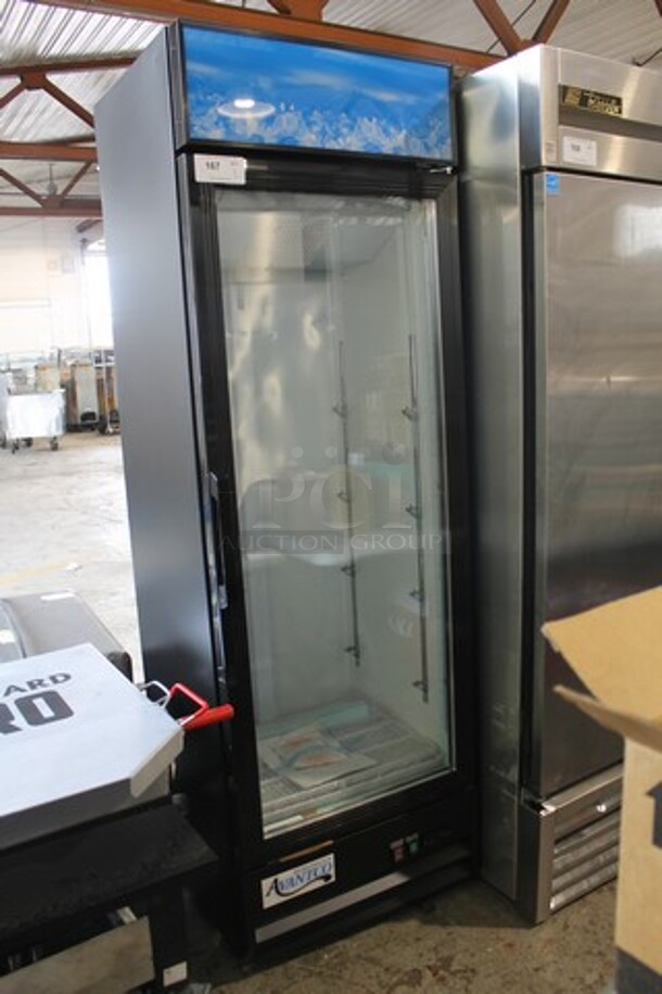 BRAND NEW SCRATCH AND DENT! Avantco 178GDC15HCB Metal Commercial Single Door Reach In Cooler Merchandiser w/ Poly Coated Racks. 115 Volts, 1 Phase. Tested and Working!