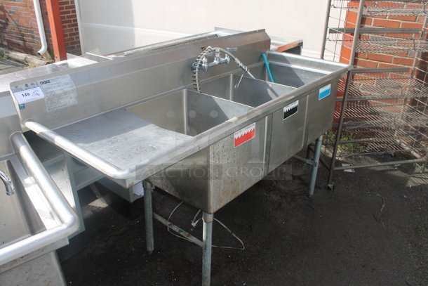 Duke Stainless Steel Commercial 3 Bay Sink w/ Left Side Drain Board, Spray Nozzle, Faucet and Handles. - Image 2 of 3