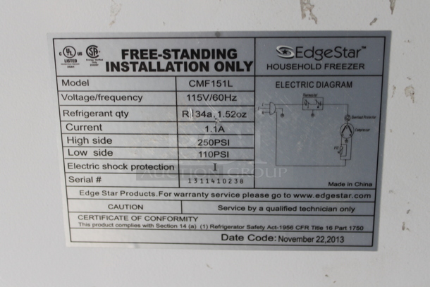 EdgeStar CMF151L White Metal Mini Freezer. 115 Volts, 1 Phase. Tested and Powers On But Does Not Get Cold - Image 5 of 5