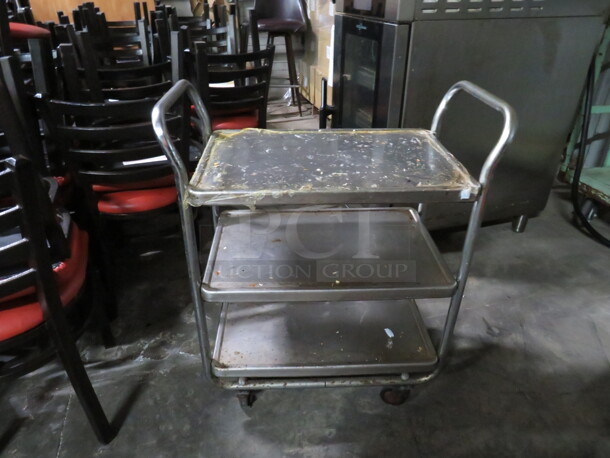 One Stainless Steel 3 Shelf Cart On Casters.  30X16X35 - Image 1 of 1