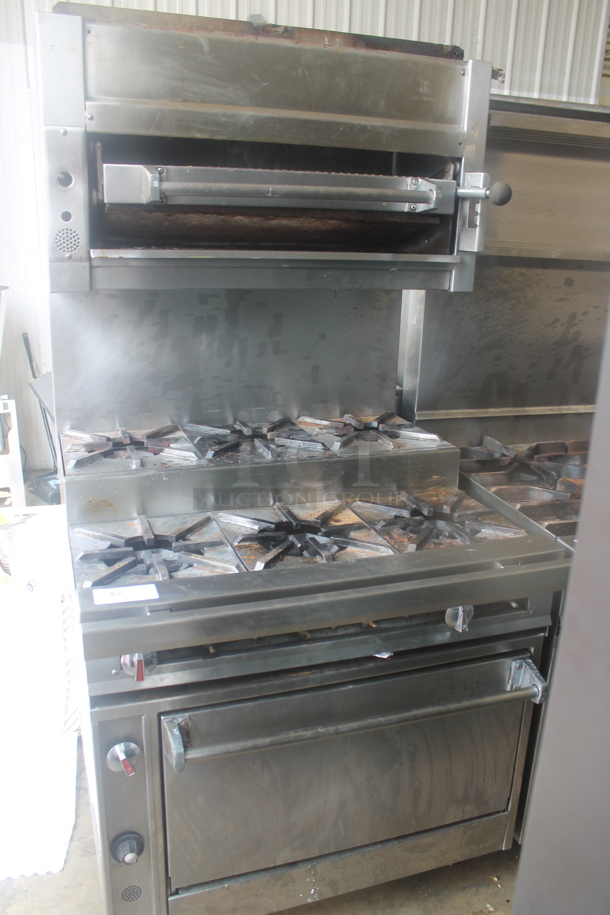 Stainless Steel Commercial Natural Gas Powered 2 Tier 6 Burner Range w/ Oven, Salamander Cheese Melter and Back Splash. - Image 1 of 6