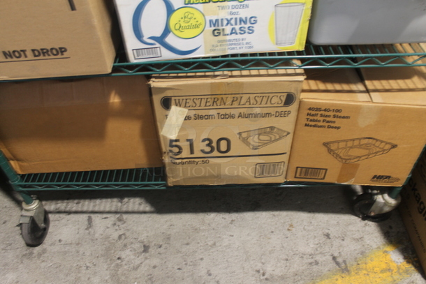 ALL ONE MONEY! Lot of Steam Table Aluminum Pans, Ketchup Squeeze Bottles, Mixing Glasses, Carafes, Foil Laminated Board Lids AND MORE! Metro Shelf Not Included - Image 6 of 6