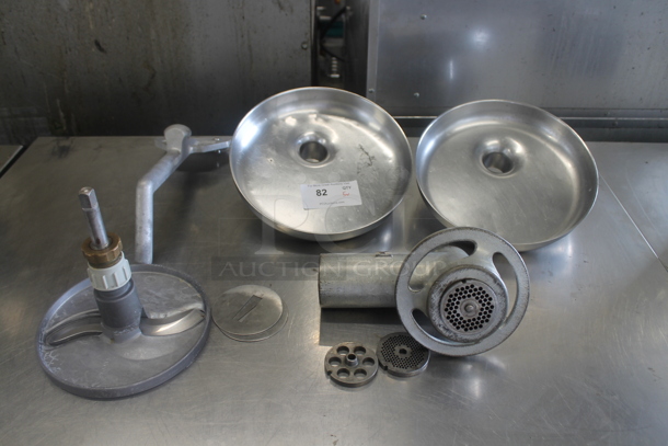 ALL ONE MONEY! Lot of Metal Meat Grinder w/ 2 Trays, Extra Di, S Blade for Pelican Head and Scraper. - Image 1 of 4