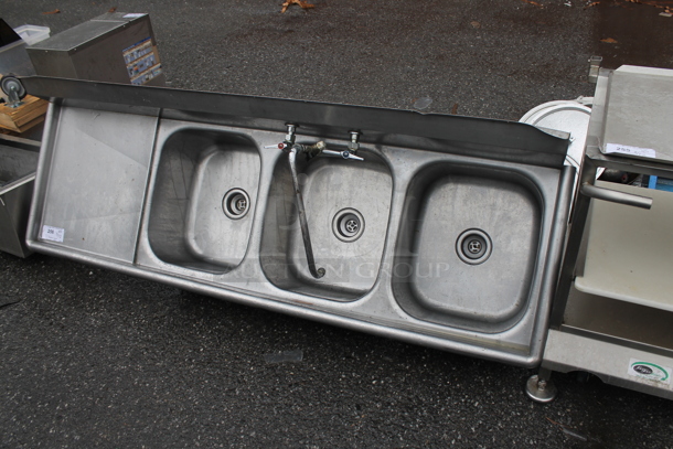 Stainless Steel Commercial 3 Bay Sink w/ Left Side Drain Board, Faucet and Handles. No Legs. Bays 16x19x10. Drain Board 18x21 - Image 1 of 4