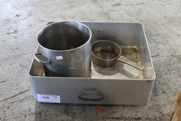 ALL ONE MONEY! Lot of Metal Bin, Stock Pot and Sauce Pan - Image 1 of 2