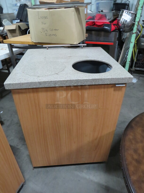 One Brown Laminate 1 Door Trash Receptacle  With Granite Look Top, On Casters, And 2 Slim Jim Trash Cans.  - Image 1 of 3