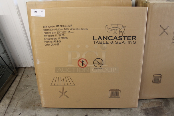 BRAND NEW SCRATCH AND DENT! Lancaster Table & Seating 427CAU3232OR 32" x 32" Orange Powder Coated Aluminum Dining Height Outdoor Table with Umbrella Hole. Stock Picture Used as Gallery Picture. - Image 2 of 5