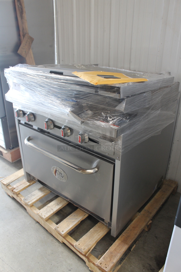 BRAND NEW SCRATCH AND DENT! Cooking Performance Group 351S36G24L Stainless Steel Commercial Propane Gas Powered 2 Burner Range with 24" Griddle, Oven, Over Shelf and Back Splash. 130,000 BTU. - Image 5 of 11