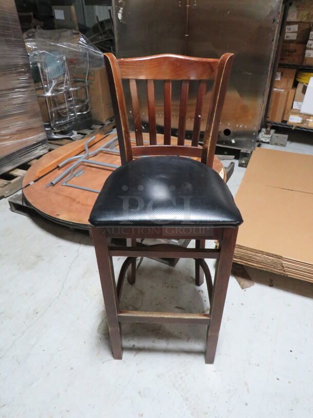 Wooden Bar Height Chair With Black Cushioned Seat. 2XBID.