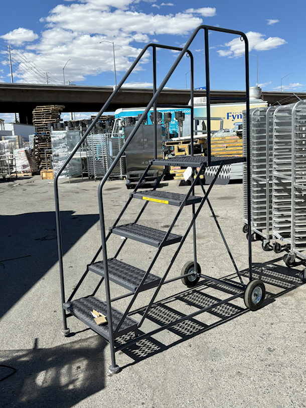 BRAND NEW SCRATCH & DENT! Ballymore TA-5-24 5-Step Gray Steel 59-Degree Slope Rolling Truck / Dock Access Ladder with 24"" Wide Steps. 32x53x80
 - Image 2 of 10