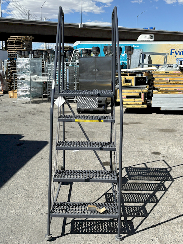BRAND NEW SCRATCH & DENT! Ballymore TA-5-24 5-Step Gray Steel 59-Degree Slope Rolling Truck / Dock Access Ladder with 24"" Wide Steps. 32x53x80
 - Image 3 of 10