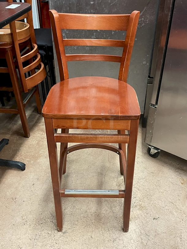 OUTSTANDING!! Wooden Ladder Back Bar Height Chairs. Seat Height: 29" Overall Dimensions: 18-1/2x17x43 4x Your Bid - Image 1 of 8