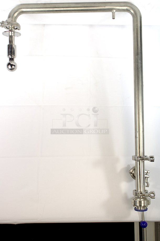 NEW/NEVER USED COMPLETE 1-1/2” Tri-Clamp CIP Arm With SB-G250-100-B175-7.5 Rotating CIP Spray Ball, ¼” Hose Barb For Sight Glass Tubing (At Top), 1-1/2” Tri-Clamp “T” Valve  With 1/4" NPT Fitting For Pressure Valve, 1-1/2” Tri-Clamp Butterfly Valve Drain - Image 1 of 4