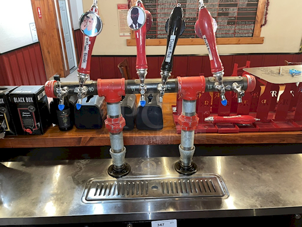 OUTSTANDING! Turbo Air TBD-4SB Super Deluxe Beer Dispenser- TESTED: In Perfect Working Order - (3) Swing Doors, Stainless Steel Countertop, Interior Floor and Walls, Galvanized Steel Interior Top, Black Laminated Exterior, (4) 1/2 Barrel Capacity, (2) 3″ Dia. Industrial Beer Columns With (6) Faucets/Taps. 90-1/4″W x 27-1/4″D x 37-1/8″H.  - Image 2 of 4