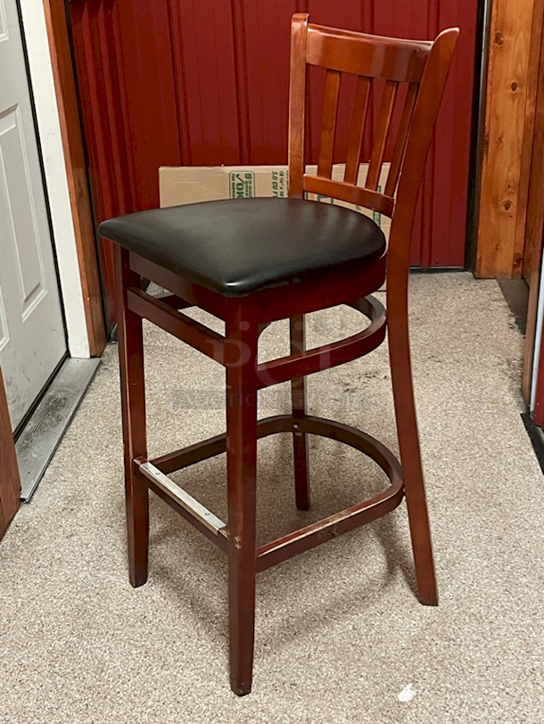HIGH QUALITY! Lancaster Table & Seating Mahogany Ladder Back Bar Height Chair with Black Padded Seat & Foot Rest. 17x17x24 2x Your Bid Width
 - Image 2 of 7