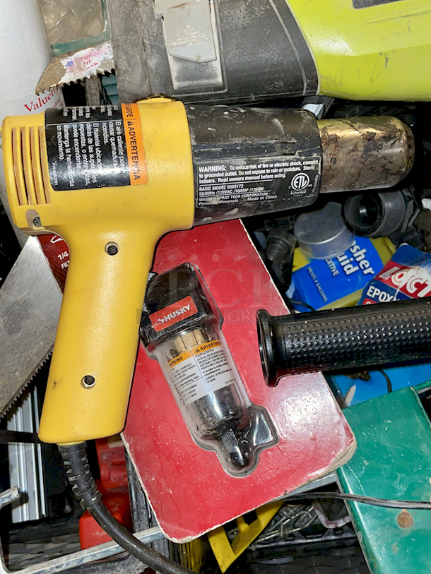 ALL FOR ONE! Crate Full Of Various Tools & Parts: Ryobi Reciprocating Saw, Heat Gun Caulk Gun, ¼” Air Compressor Filter, Hand Saw, Handle and More  - Image 2 of 8