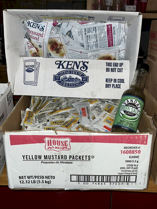 ALL FOR ONE! Boxes of: Grated Parmesan Cheese 3.5 Gram Packets, Ken's Thousand Island Dressing Packets, House Recipe Yellow Mustard Packets, URM Food Service Sugar Packets (2.8grams), Smuckers Jam Packs, Salt & Pepper Shakers and Yellow Mustard Bottles.  - Image 4 of 7