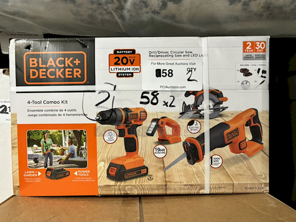 CORDLESS!!  (2) Black & Decker BD4KITCDCRL 4 Tool combo Kit, Drill/Driver, Circular Saw,
Reciprocating Saw and LED Light With (2) 20v Rechargeable Rechargeable Batteries, Battery Charge, (1) Circular Saw Blade & (1) Reciprocating Saw Blade. 2x Your Bid