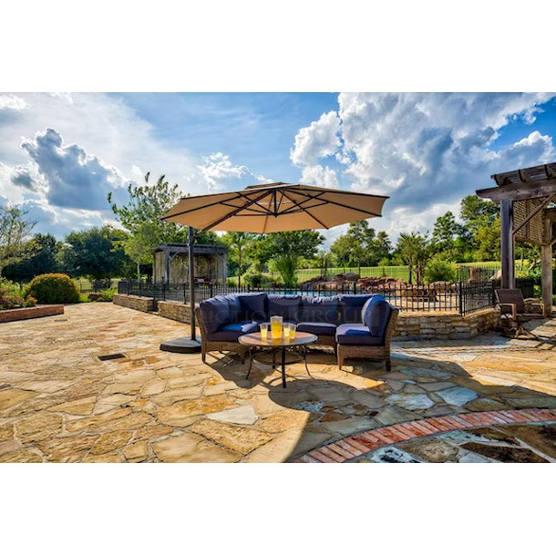 SimplyShade 11-ft 42-LED Light Cantilever Umbrella with Base, Solar/AC Powered. Color: Greige. Includes: 120 volt AC Adapter Cord. 360-Degree pivoting Hub W/ Foot Pedal To Swing Canopy Horizontally. 11-ft x 11-ft x 8.32-ft - Image 3 of 12