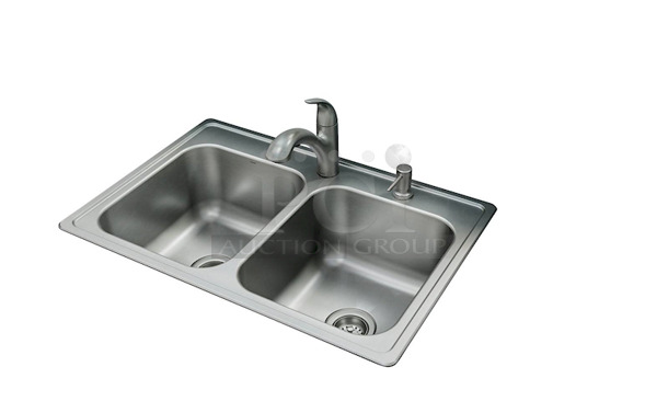 SPLENDIFEROUS!! Moen Galvin Drop-In 22-in x 33-in Stainless Steel Double Equal Bowl 2-Hole Kitchen Sink All-in-one Kit.  - Image 3 of 7