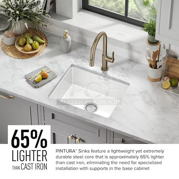 KRAUS Pintura 21" Porcelain Enameled Steel
Undermount Single Bow Kitchen Sink in Gloss White. 21-1/4 inch L x 17-3/8 inch W x 7-3/4 inch D  - Image 5 of 5