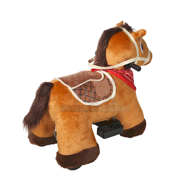 AWESOME!! 6 Volt Stable Buddies Chestnut Horse Plush Ride-On by Dynacraft, with Removable Bandana and Play Stable Included! 30.71"L x 17.72"W x 26.77"H - Image 7 of 9