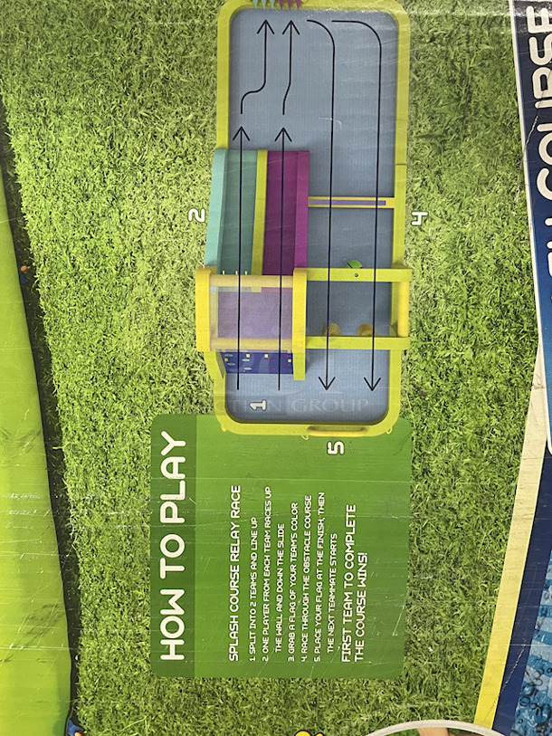 H2O GO Inflatable Water Park With Water Slide – Over 23ft Long. Contains: 01 SLIDE; 01 BLOWER (STAKES INCLUDED); 01 REPAIR KIT (MULTIPLE ASSORTED PATCHES); 1 STORAGE BAG; 10 BOUNCER STAKES; 1 PUC BALL SPRINKLER; 06 SMALL FLAGS; 01 WATER SPRAYING HOSE. Overall: 23ft – 4in x 10ft – 2in x 8ft – 8in.  - Image 9 of 9