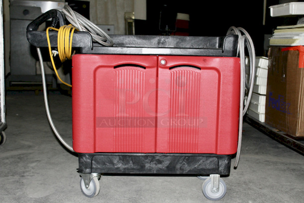 Mobile Sanitization Station. Features a LOTUS PRO Stabilized Aqueous Ozone (SAO3) High Capacity, chemical-free, sanitizing and cleaning Module Attached to a Rubbermaid Industrail Work Cart. This system transforms ordinary tap water into Stabilized Aqueous Ozone (SAO3) which is a powerful and natural surface sanitizer (99.999%), surface cleaner, stain remover, and deodorizer.

 - Image 2 of 8