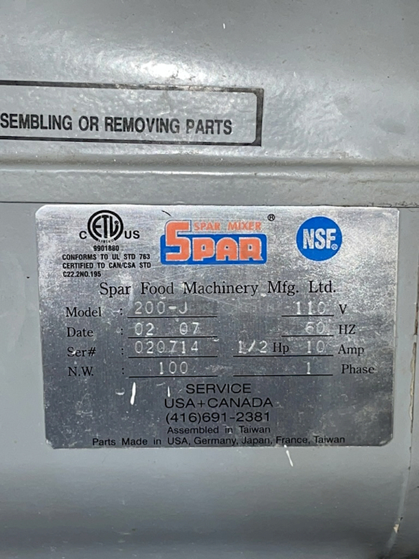 SWEET! Spar Mixer 200-J 20qt Planetary Mixer. 110V 60Hz 10amp 1phase 1/2hp - Image 7 of 7